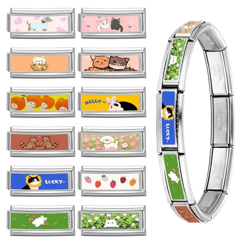 2025 New Women's Gift Cute Rabbit Cat Dogs Italian Charms Links Beads Fit 9mm Stainless Steel Modular Modular Bracelet Jewelry