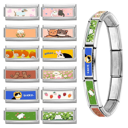 2025 New Women's Gift Cute Rabbit Cat Dogs Italian Charms Links Beads Fit 9mm Stainless Steel Modular Modular Bracelet Jewelry