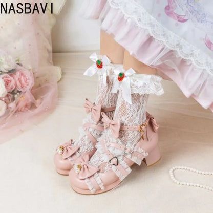 NASBAVI White Lace Bow Cosplay High Heels Women Cross Strap Buckle Platform Mary Jane Shoes Female Party Princess Lolita Pumps