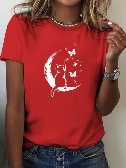 Women's Soft T-Shirt with Stylish Cat Moon Illustration print Comfort Fit Crew Neck Short Sleeve Casual summer fashion Clothing