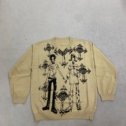 Autumn and winter new dark retro knitted jacquard sweater American street hip-hop trend V-neck loose top Y2k clothing
