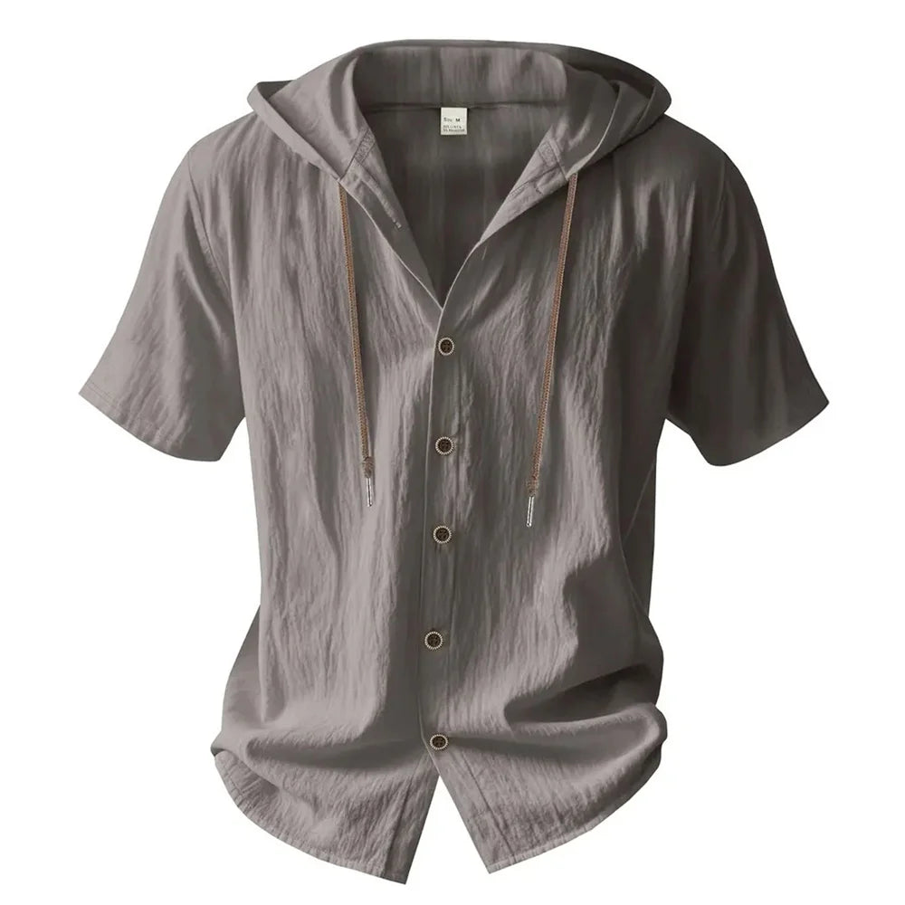 Summer Men's Hooded Cotton Linen Shirt Solid Color Breathable Lightweight Short Sleeve Drawstring Design Tees Male Casual Tops