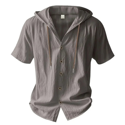 Summer Men's Hooded Cotton Linen Shirt Solid Color Breathable Lightweight Short Sleeve Drawstring Design Tees Male Casual Tops