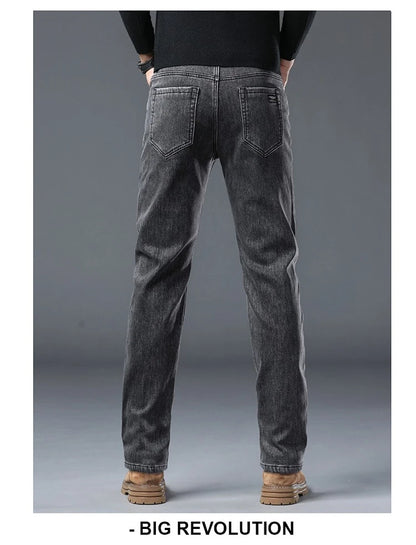 Men's Winter Stretch Fleece Jeans Thickened Warm Loose Straight Velvet Denim Trousers Classic Business Casual Black Work Pants