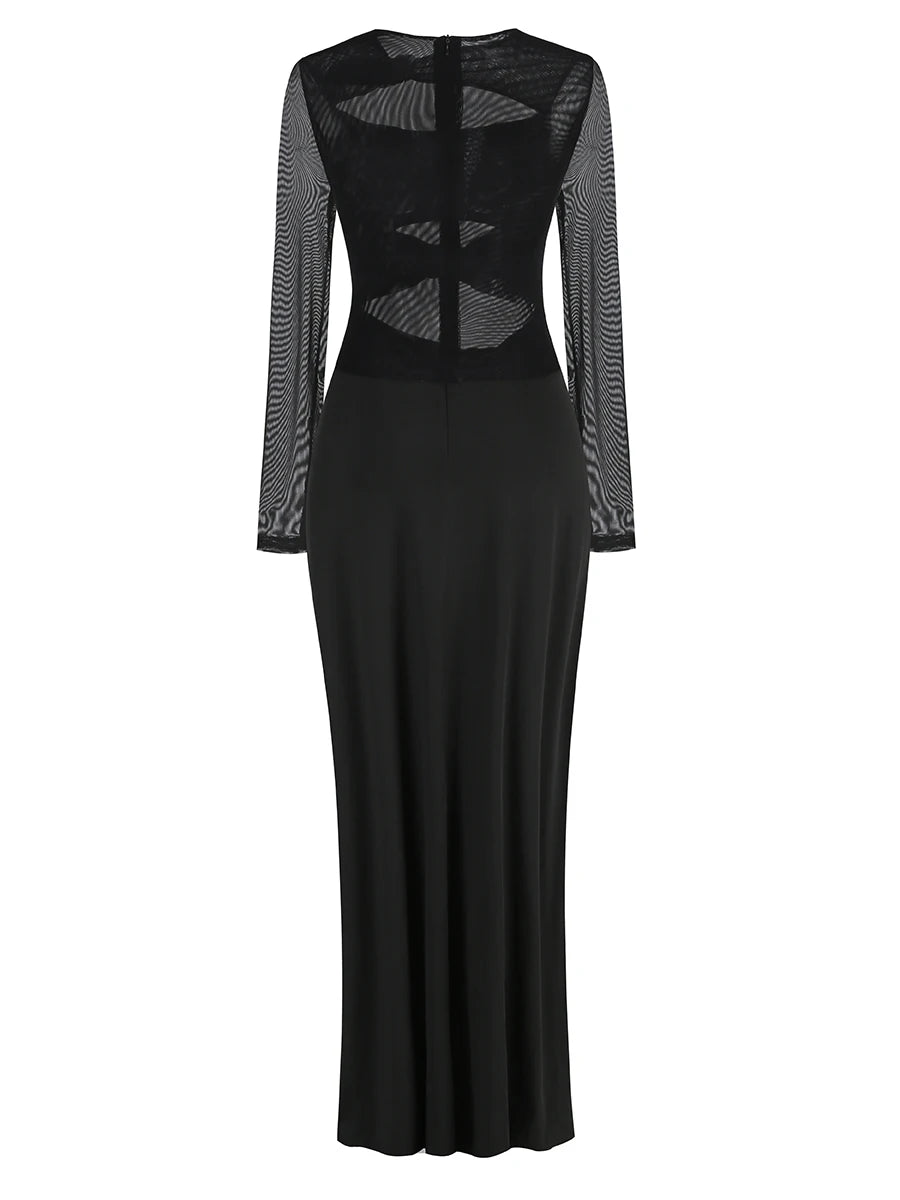 Sexy Hollow Out High Side Split See Through Mesh Long Sleeve Maxi Dress Luxury Brithday Prom Gown Party Club Fashion Dresses