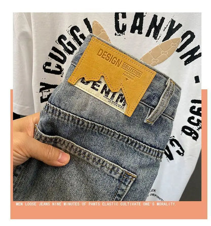 Summer Trendy Brand Handsome Denim Shorts Men's Washed Embroidered Patch Trendy Short Pants Ripped Slim-fit Elastic Middle Pants