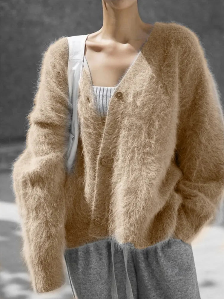 Women New Knitted Thick Cashmere Wool Cardigan Chic V Neck Single Breasted Fashion Long Sleeve Sweater Fall Winter Coat Outwear