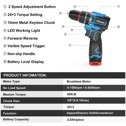 Gisam 95NM Brushless Electric Impact Drill 25+3 Torque 3 in 1 Cordless Electric Screwdriver Portable Power Tools For Home Woodwo
