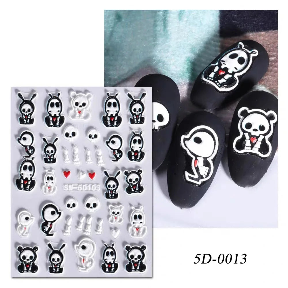 1sheet 5D Halloween Nail Stickers Pink/Green/Black Cartoon Pattern Nail Art Slider DIY For Sweet Cool Girl Cute Nail Decoration