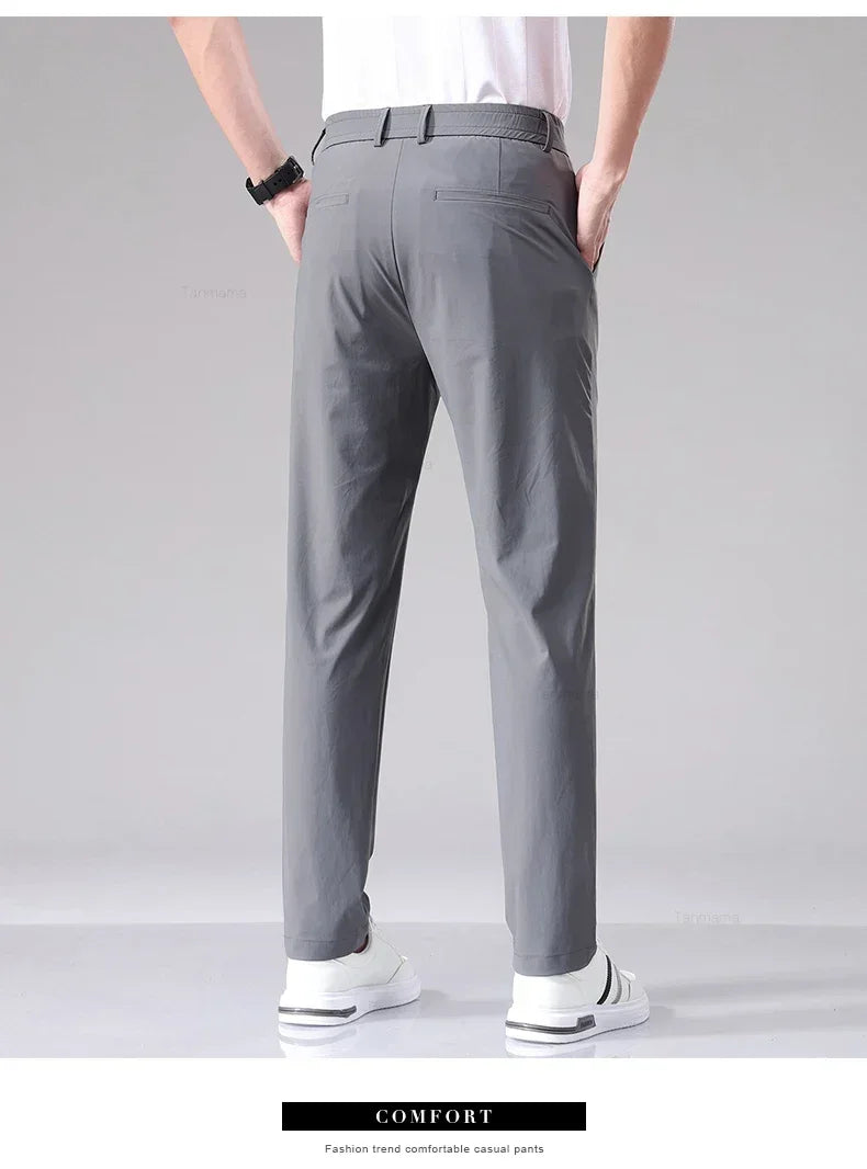 Ultra-thin Elastic Men's Casual Trousers Summer Quick-drying Ice Silk Slim Straight Business Solid Color Y2K Trousers Black Gray