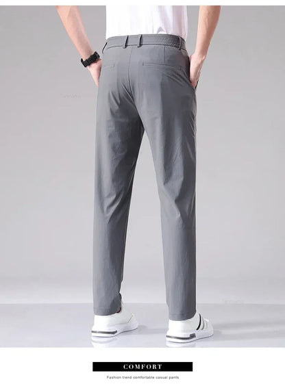 Ultra-thin Elastic Men's Casual Trousers Summer Quick-drying Ice Silk Slim Straight Business Solid Color Y2K Trousers Black Gray