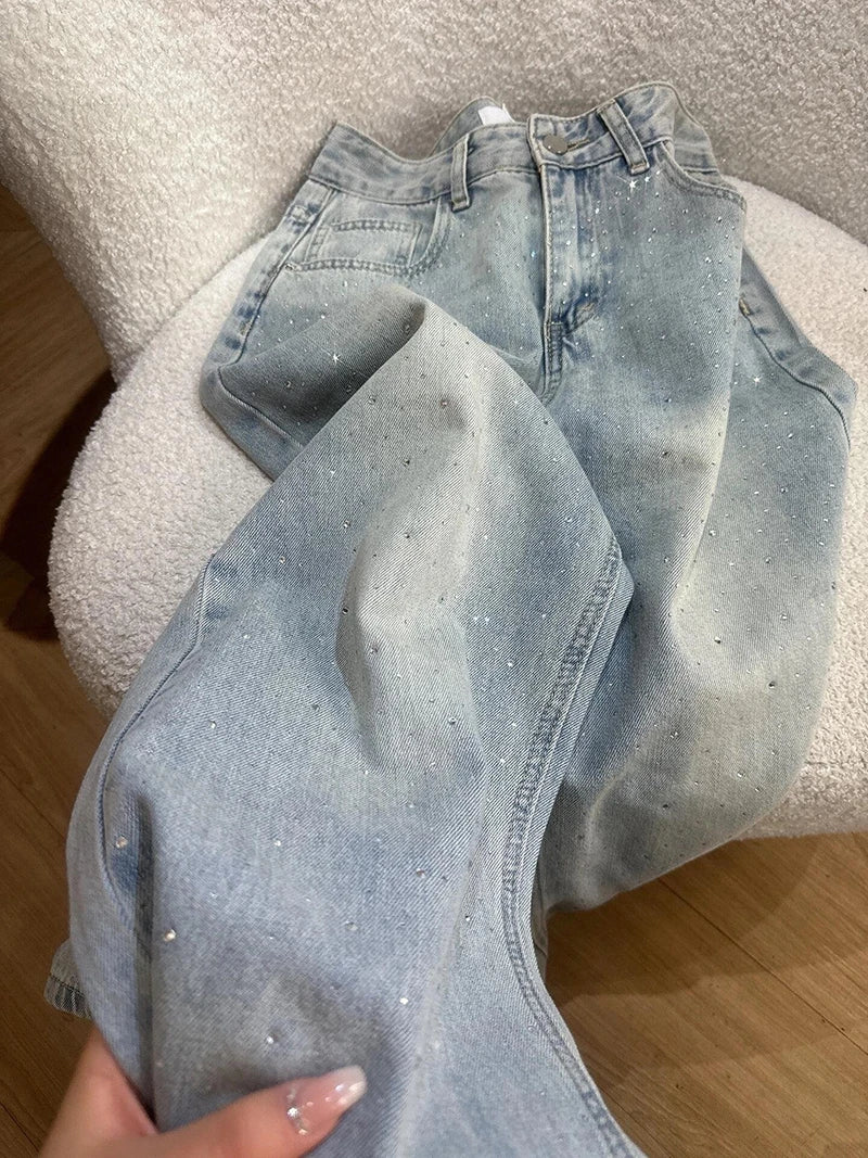 Retro Rhinestone Jeans for Women 2026 New Casual Straight Leg Denim Pants Spring Light Blue Narrow Wide Leg Trousers