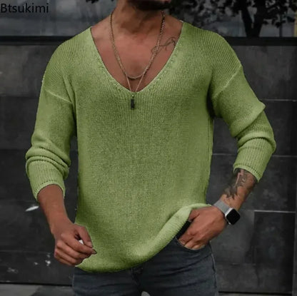 New 2026 Men's Casual Long Sleeve Knitted Sweaters Tops Solid Fashion Pullover Tops For Men Harajuku V-neck Streetwear Jumper