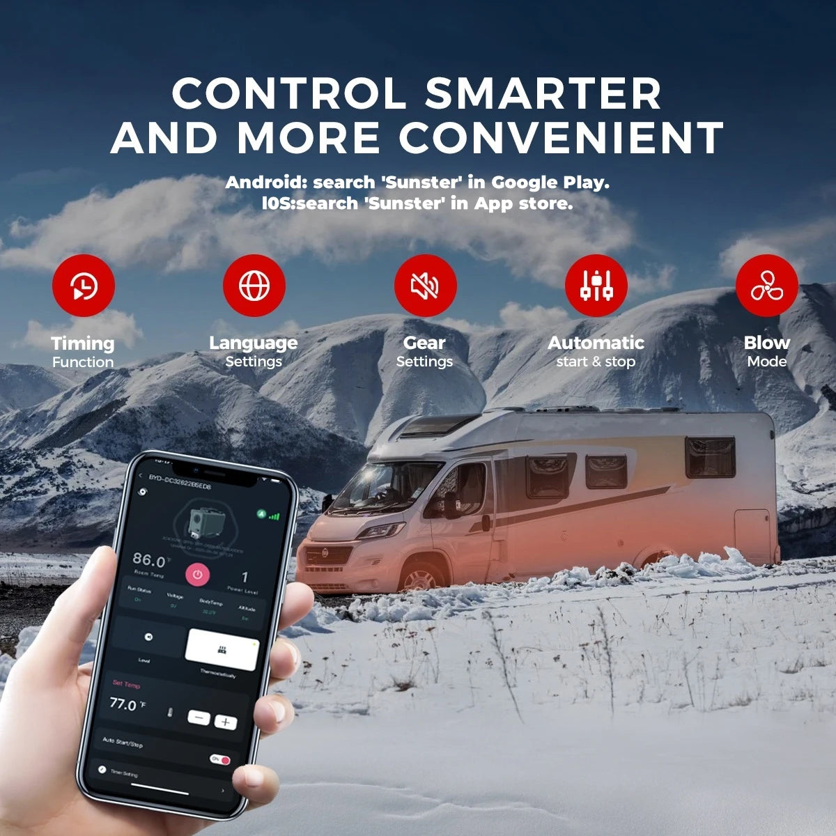 Sunster 12V/24V 8KW Diesel Air Heater Bluetooth APP Night Heater All-in-One with Remote Control Parking Air Heater for Car RV
