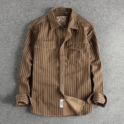 2025 Autumn And Winter New American Retro Stripe Long-Sleeve Lapel Shirt Men's Simple Fashion Washed Multi-pocket Casual Blouses