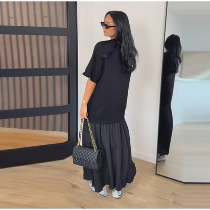 2026 Summer New Loose Patchwork Dresses Women's Pleated Fashion Short Sleeve O-neck Long Robes Female Elegant Casual Dress