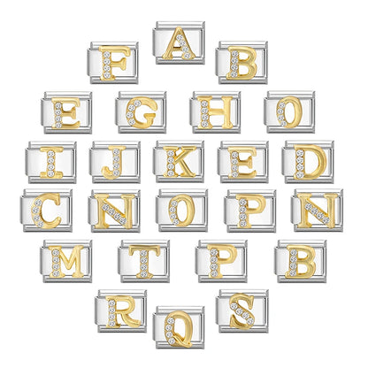 New Girls Italian Bracelet 26 English Letters Charm Stainless Steel Bangle Gold Color Inlaid Zirconia DIY Making Jewelry Gifts