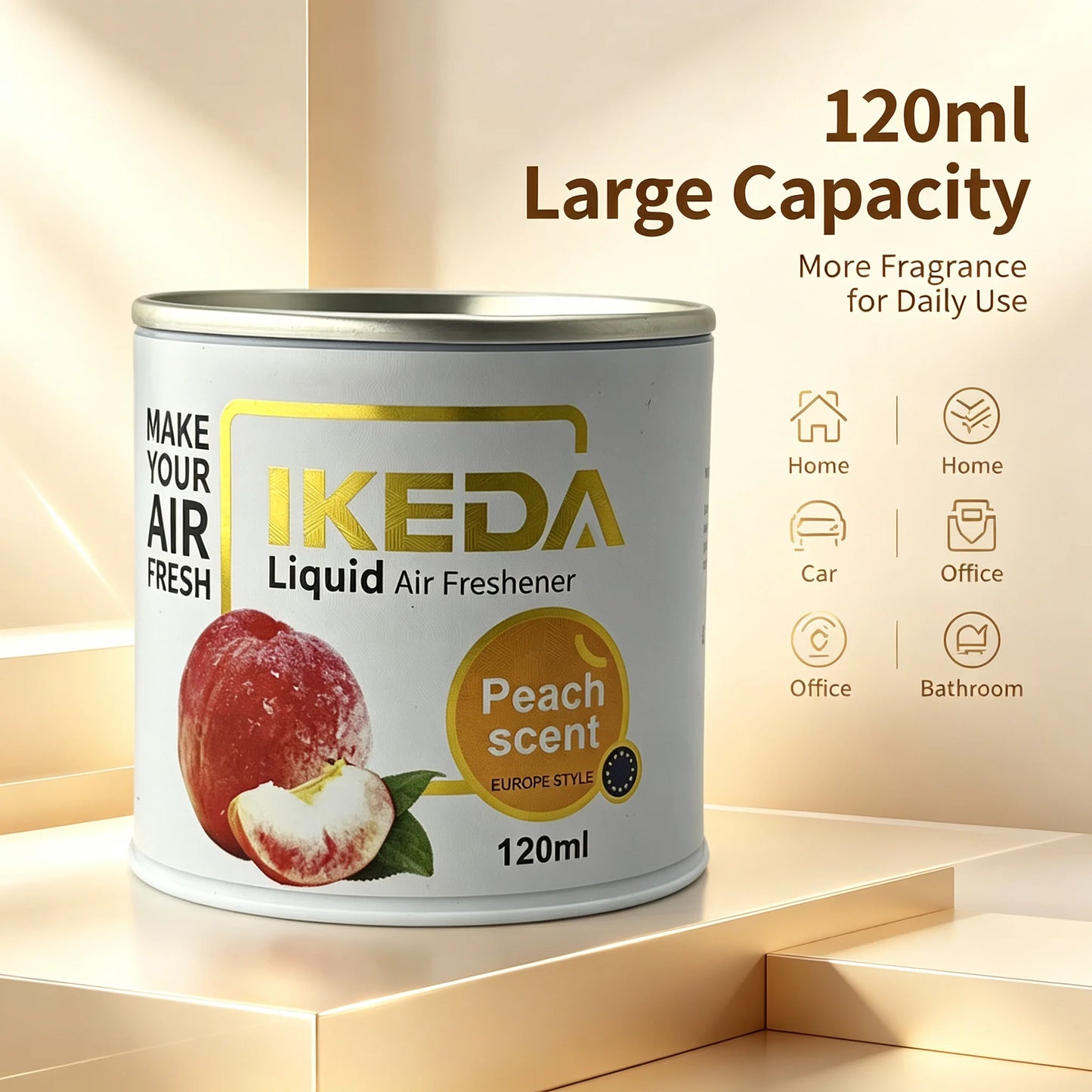 IKEDA Liquid Air Freshener Peach Scent, Odor Eliminator Deodorizer, Long-Lasting Freshness, Europe Style 120ml Bottle