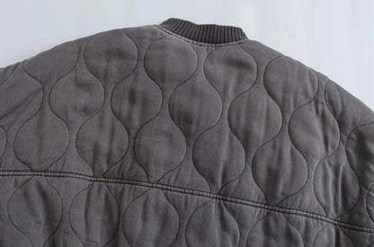 Women Fashion Oversized Thick Warm Quilted Bomber Jackets Coat Vintage Long Sleeves Snap-button Female Outerwear Chic Tops