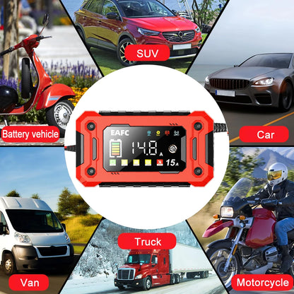 Newest 12V Car Battery Charger 15A/8A Pulse Repair Large Display Smart Charger for Car Motorcycle Lead Acid AGM GEL Batteries