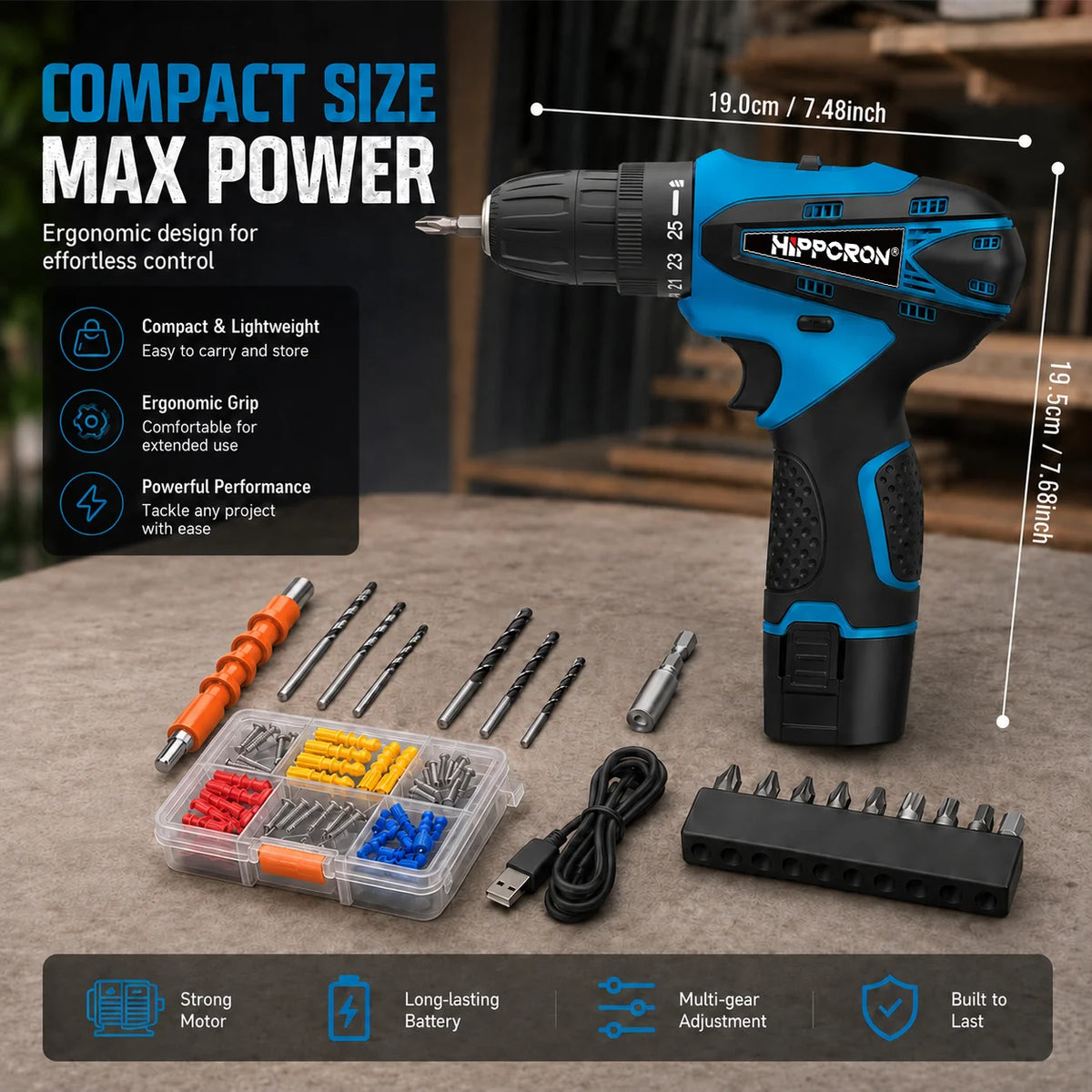 Hippcron 12V Lithium Electric Drill Tapping Cordless Impact Tool Ratchet Set Multifunction Screwdriver Household with 3/8" Chuck