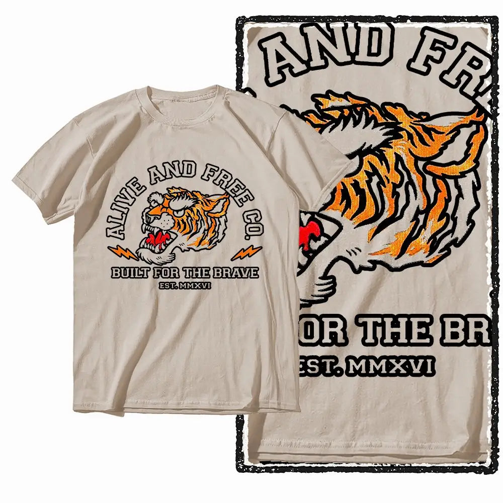 G41 Beige Vintage 100% Cotton Tiger Printed Men's T-shirt |  Streetwear Big Size Cool O-neck men's Tee Tshirt