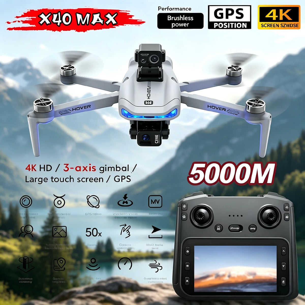 X40 PRO GPS Drone Profesional 8K HD Camera 3-axis Gimbal Aerial Brushless Motors 360° Obstacle Avoidance 5G FPV Security Drones