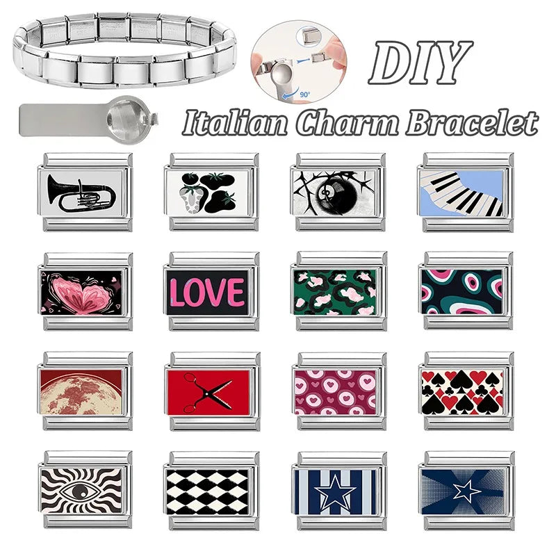2026 Women Colored Star 1976 Eyes Heart Swan Watermelon Charms Italian Links Fit 9mm Bracelet Stainless Steel DIY Making Jewelry