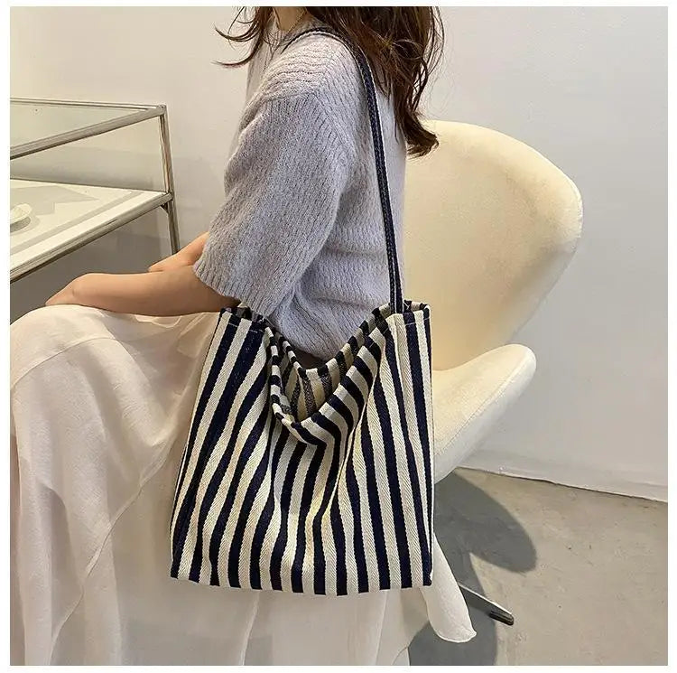 Large Capacity Canvas Women Shopper Tote Simple Striped Shoulder Bag Female Casual Multifunctional Travel Top-handle Handbag