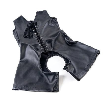 PU Leather Housewife Open Chest and Butt Tights Crotchless Bodysuit Harness Sexy Costume BDSM Bondage Rompers Sex Toys Women