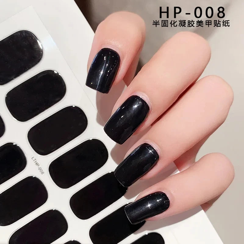 16Tips UV Semi-Cured Gel Nail Wraps Sticker 5D Pure Color Full Cover UV Lamp Gel Sticker Long-Lasting Nail Extension Patch Strip