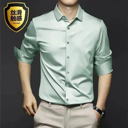 S-6XL Men's Long Sleeve Shirt Luxury Wrinkle Resistant Pure White Shirt Business Dress Casual Ice Silk Glossy Shirt