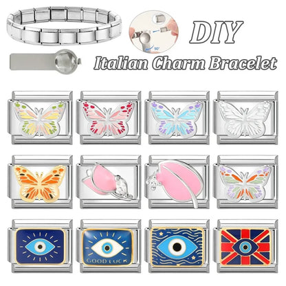 Fashion Drip Glaze Blue Eyes Colorful Butterfly Italian Charm Links Fit 9mm Stainless Steel Bracelet Jewelry DIY Making Beads
