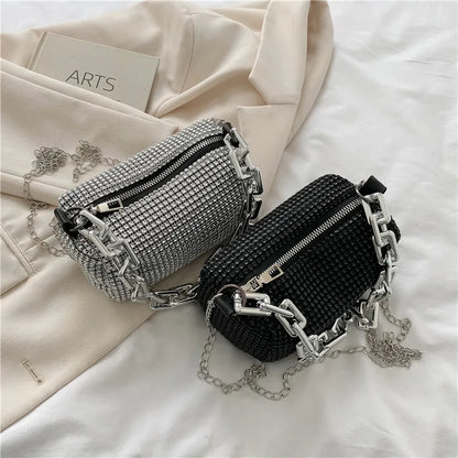 HOMEFISH Sparkling Rhinestone Bucket Bag, Chain Decor Party Clutch Purse, Female Mini Crossbody Bag