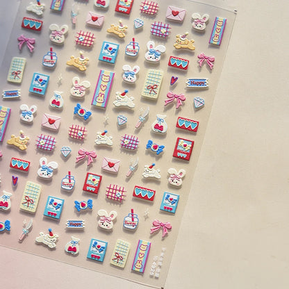 5D Pudding Jelly Dessert Fruit Cherry Pink Claw Print Bowknot Tie knot Love Heart Stars Nail Art Sticker Adhesive Manicure Decal