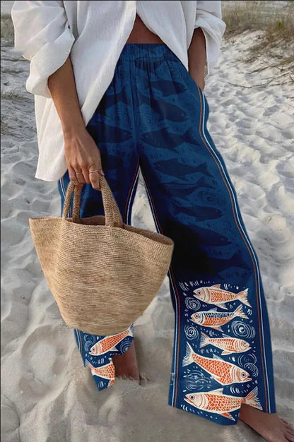 2025 Summer Womens New Casual Women's Trousers Loose Wide-leg Pants Marine Print Casual Wide-leg Beach Vacation Women's Trousers