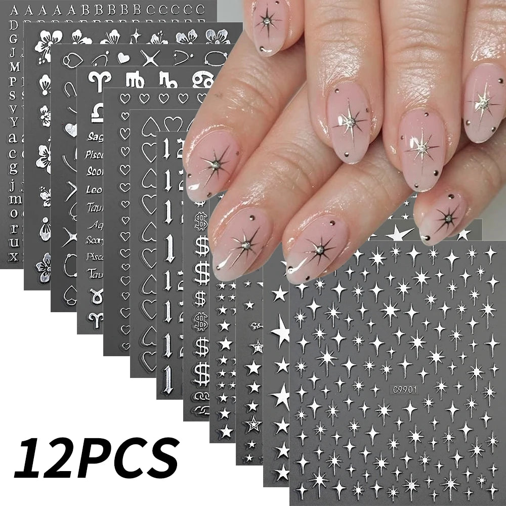 12Pcs 3D Gold Sliver Stars Nail Stickers Bronzing Starlight Nail Art Decals Self Adhesive Slider Decals DIY Nail Tips Decoration