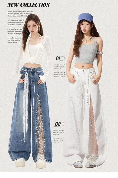 Women Jeans Pants Baggy Jeans Spring Flare Trousers Lace Applique Crystal Wide Leg Pearl Slit Distressed Design
