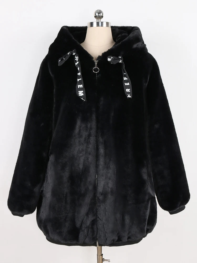 Nerazzurri Autumn Winter Sweet Cute Kawaii Soft Thick Warm Faux Fur Coat Women with Bunny Ears Cute Fluffy Jacket Hoodie 2024