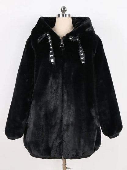 Nerazzurri Autumn Winter Sweet Cute Kawaii Soft Thick Warm Faux Fur Coat Women with Bunny Ears Cute Fluffy Jacket Hoodie 2024
