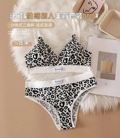 Summer New Women's Leopard Print Traceless and Steel Rim Bra Adjustable Shoulder Strap Back Women's Underwear Set