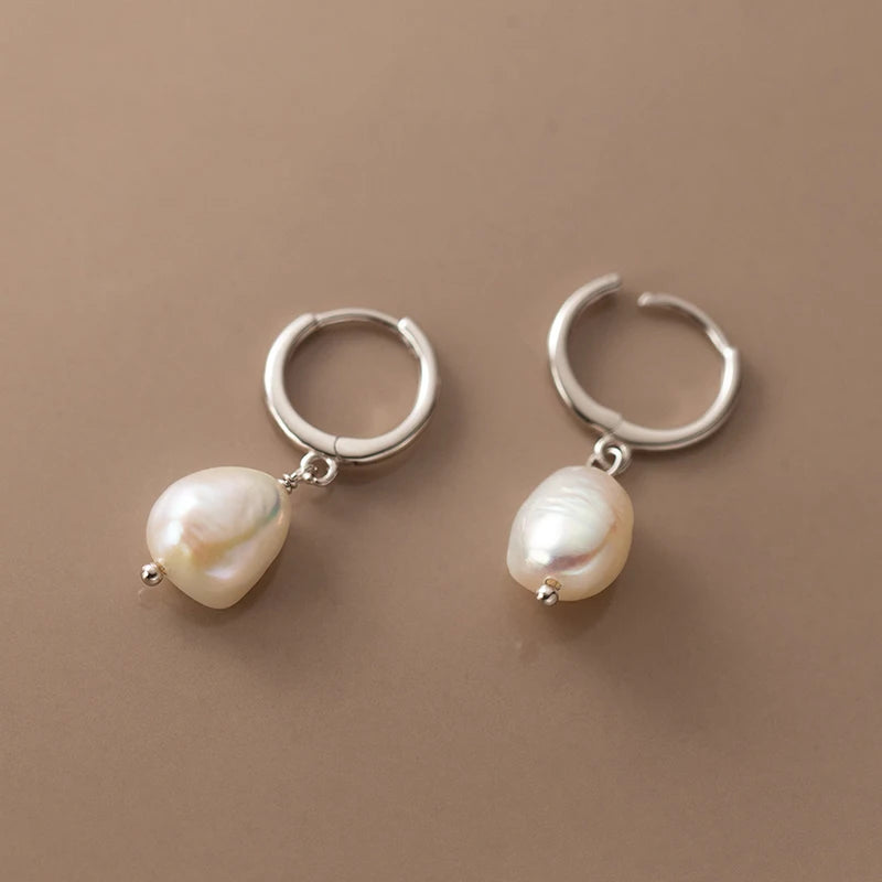 Modian 925 Sterling Silver Baroque Pearl Ear Buckles For Women Trendy Bright Simple Hoop Earrings Fine Jewelry Luxury Gift