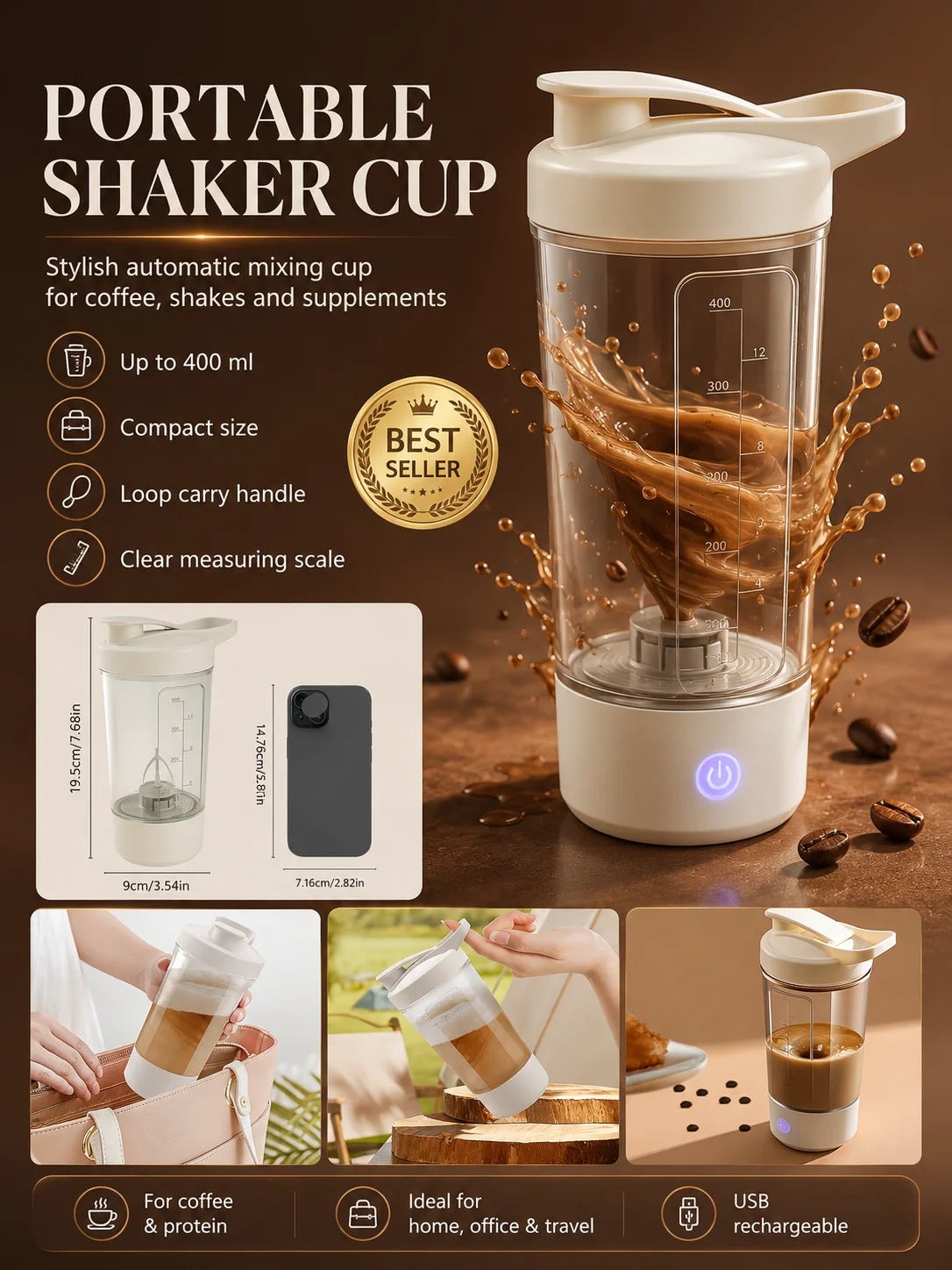 Portable Auto Stirring Cup, Transparent Measuring Electric Blender USB Charging for Milk Powder Smoothies
