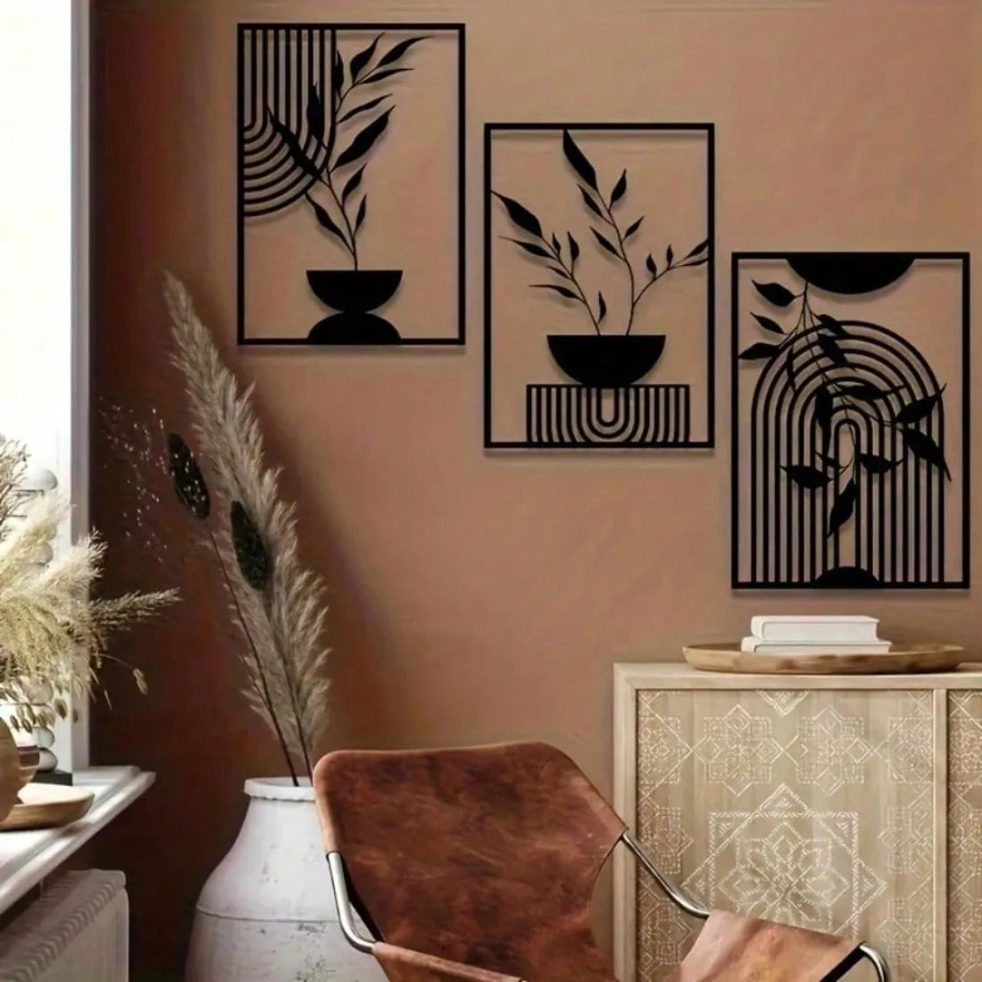 Metal Wall Art Black Iron 3-Piece Set, Abstract Line Decor for Living Room Bedroom Indoor Outdoor