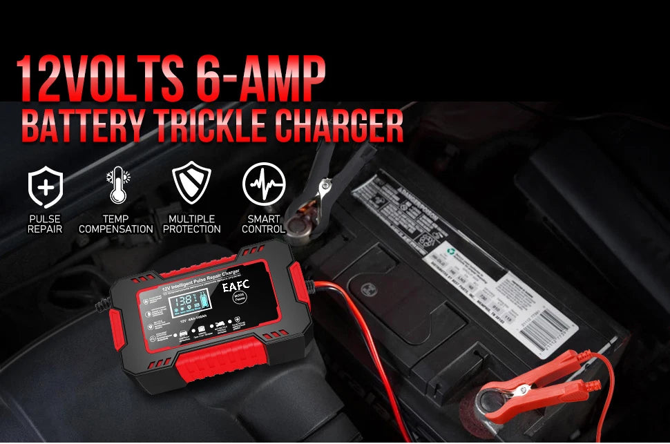 Car Battery Charger 12V 6A Pulse Repair LCD Display Smart Fast Charge AGM Deep Cycle GEL Lead-Acid Charger For Auto Motorcycle