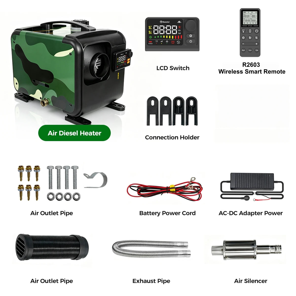 8KW Portable Horizontal Diesel Air Heater 12V Bluetooth LCD Adapter For Car Truck RV Camper Motorhome Campinging Home Heating