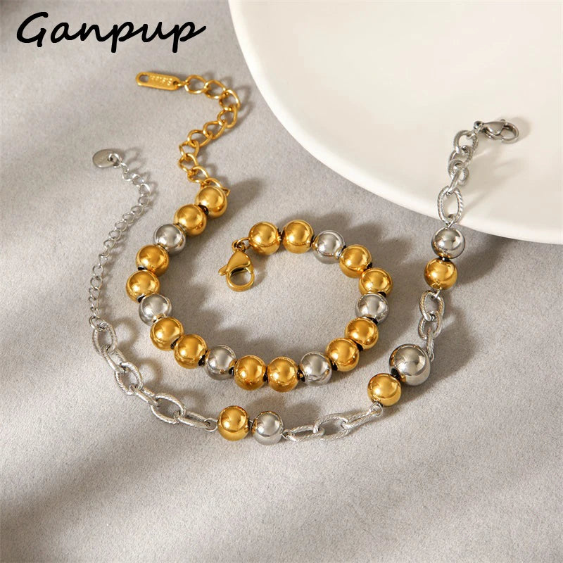 GANPUP 316L Stainless Steel Metal Beads Charms Bracelet Bangle for Women Texture Trendy Wrist Chain Jewelry Gift Bijoux Femme