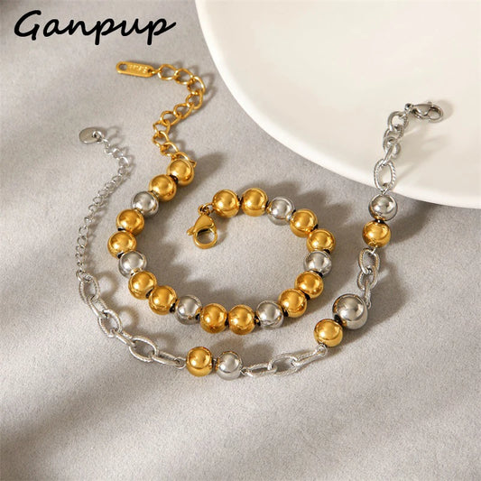GANPUP 316L Stainless Steel Metal Beads Charms Bracelet Bangle for Women Texture Trendy Wrist Chain Jewelry Gift Bijoux Femme