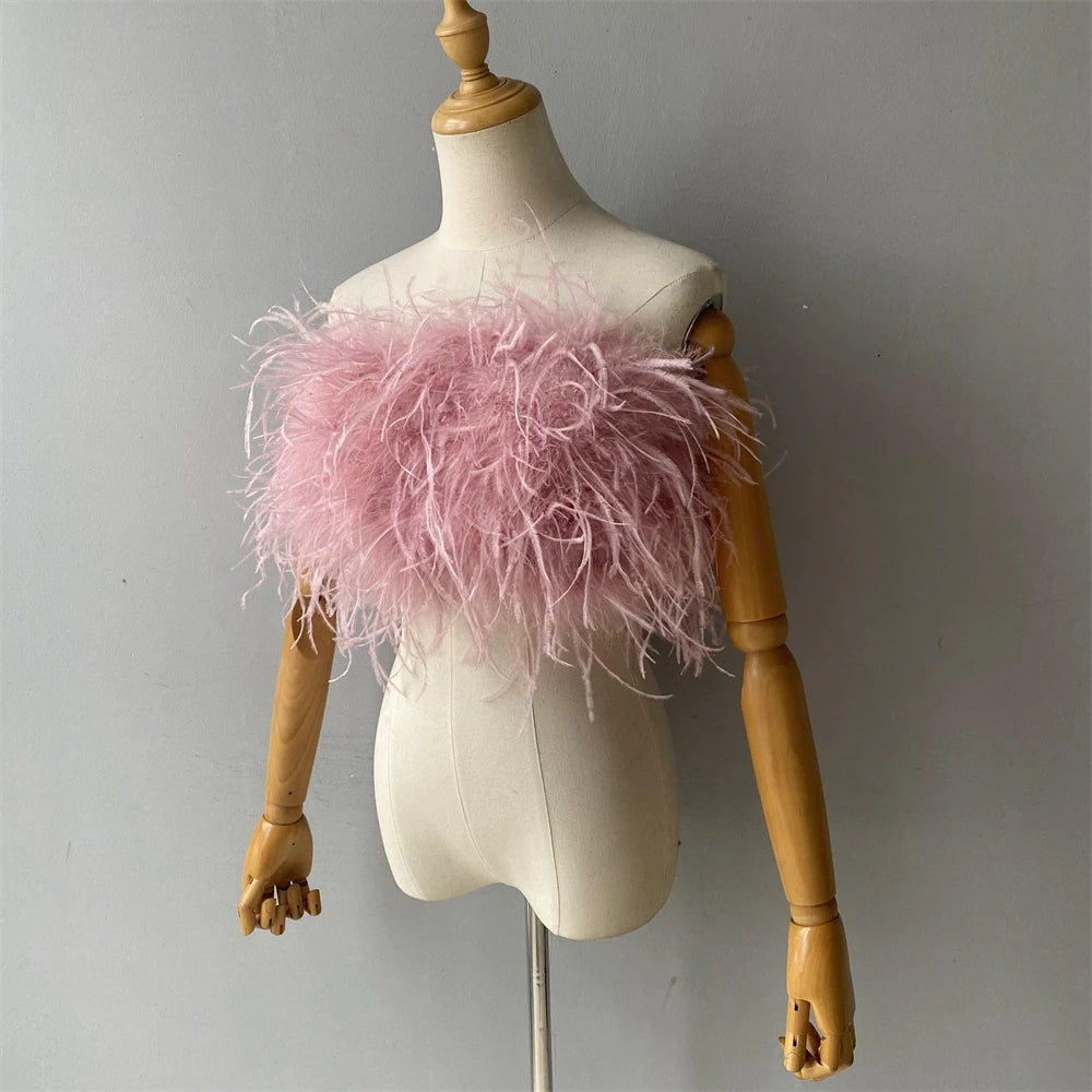 Jaxmonoy New Women Ostrich Feather Tube Spring Summer Sexy Stretch Top Bra Lady Party Wedding Fashion Sleeveless Cropped Top
