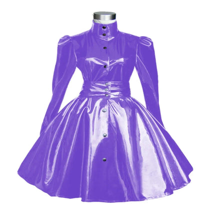 Plus Size Sweet Girl Mini Dress PVC Leather High Neck Button Pleated  A-line Dress Preppy Style Back Zipper Long Sleeve Dress